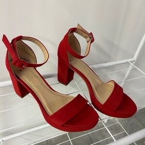 Red Block Heel Ankle Strap Sandals